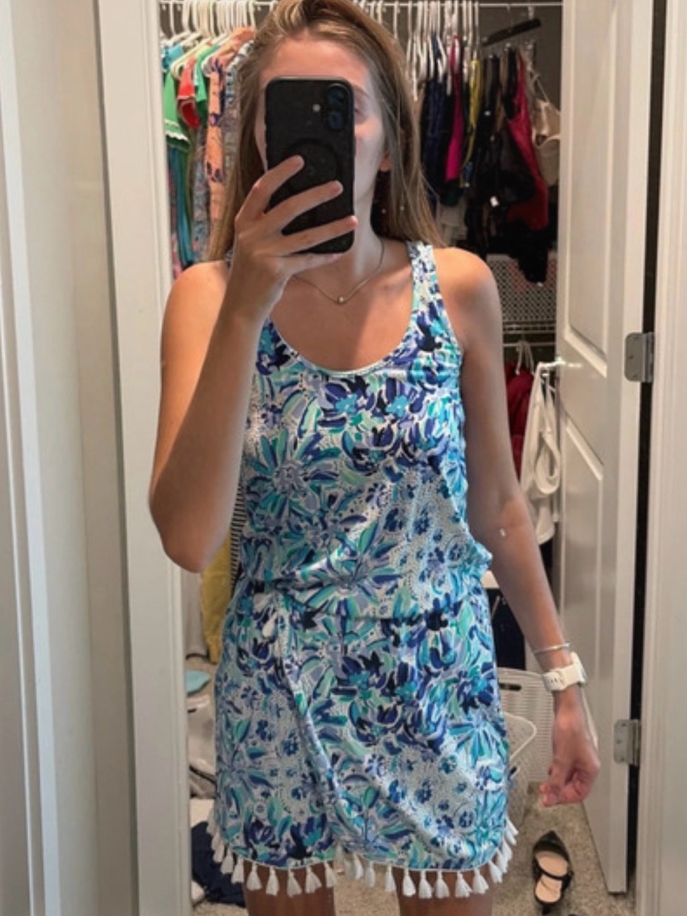 Lilly Pulitzer Blue & Aqua Floral Tank Mini Dress with Tassel Hem